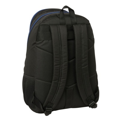 Mochila preta com alças acolchoadas e fecho azul vista de trás