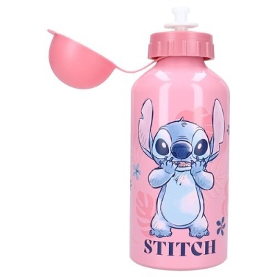 Garrafa cor-de-rosa com desenho do personagem Stitch e texto 'STITCH'