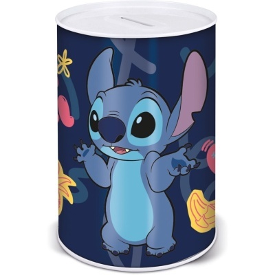 Lata metálica com personagem Stitch e flores coloridas num fundo azul escuro