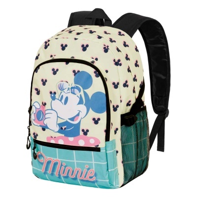 mochila com padrão Minnie e cores bege, azul, rosa e preto