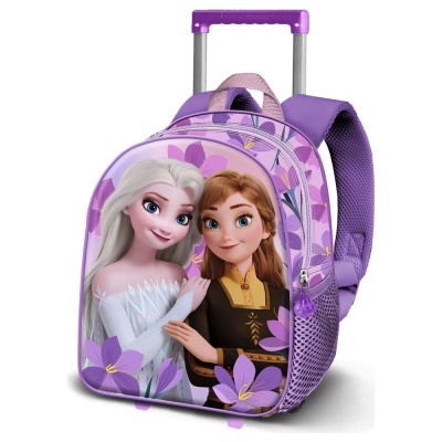 Mochila de rodinhas lilás com estampa das personagens Elsa e Anna do Frozen