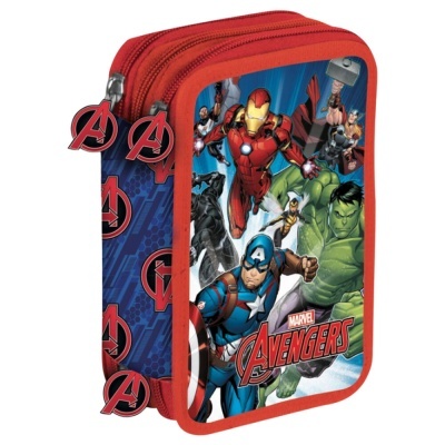 Estojo escolar triplo Marvel Avengers azul e vermelho com super-heróis desenhados