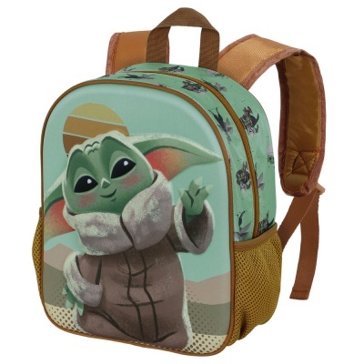 Mochila infantil verde com personagem e alças castanhas