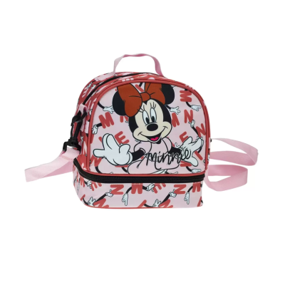 Lancheira com imagem da Minnie e padrão de letras, com alça rosa.