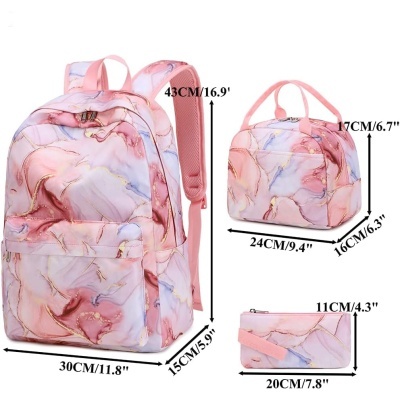 Conjunto de mochila, bolsa e estojo com padrão marmoreado colorido e detalhes dourados