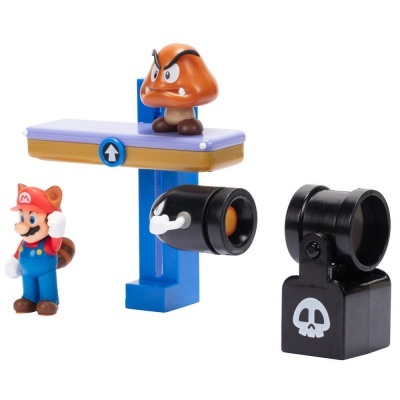 Brinquedos Super Mario com figuras de Mario, Goomba, peça preta com caveira e plataforma azul e roxa