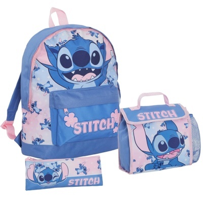 Mochila, lancheira e estojo azuis e rosas com Stitch da Disney