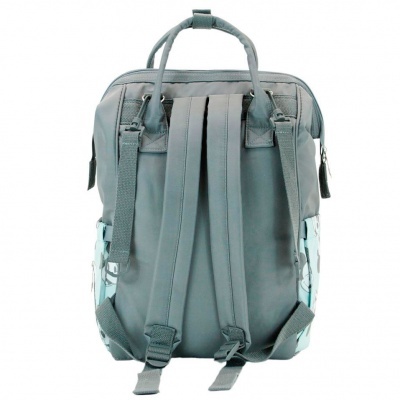 mochila cinzenta com alças ajustáveis vista de trás