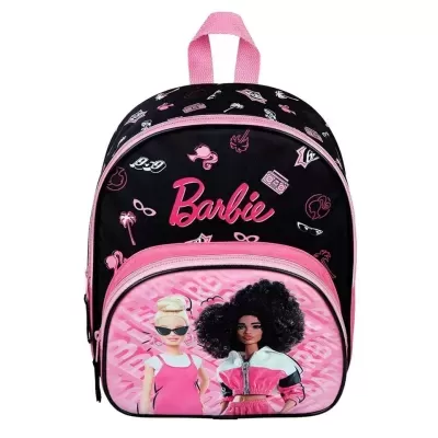 Mochila Barbie preta e rosa com impressão de duas bonecas Barbie