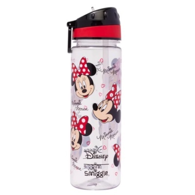 Garrafa transparente com estampado da Minnie Mouse e tampa preta com vermelho