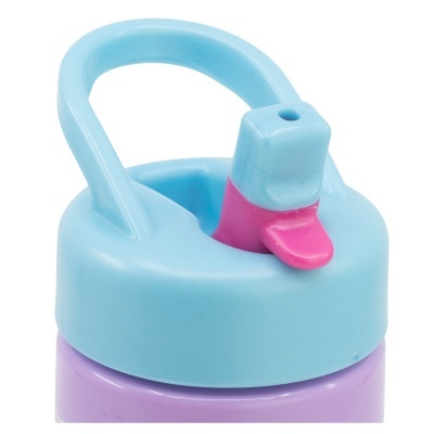 Garrafa de bebida de plástico com tampa azul clara e bico rosa