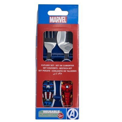 Conjunto talheres Marvel aço inox com personagens Capitão América e Homem de Ferro em caixa colorida