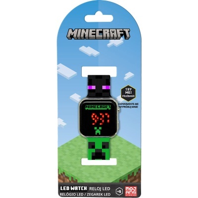 Relógio LED Minecraft com pulseira verde de rosto Creeper em embalagem azul com nuvens