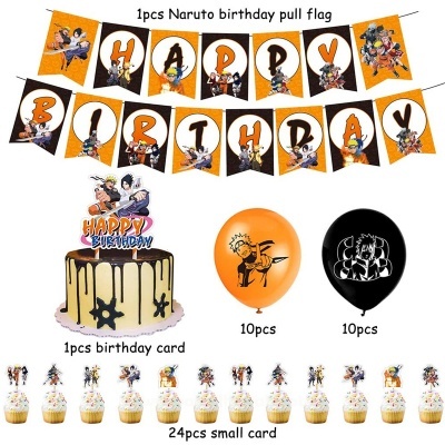 Decoração de aniversário Naruto com bandeirola, bolo, balões e cartões pequenos