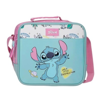 Mala azul e rosa com personagem Stitch da Disney e texto decorativo