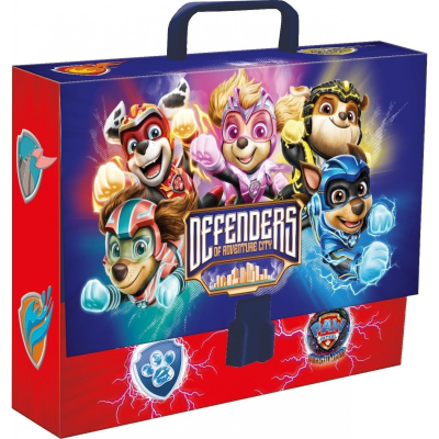 Pasta transportadora com personagens animados de cães super-heróis e texto 'DEFENDERS OF ADVENTURE CITY'