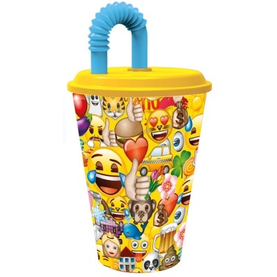 Copo plástico com canudo e emojis coloridos