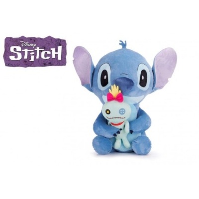 Pelúcia Disney Stitch azul segurando boneca voodoo com fundo branco e logo Stitch