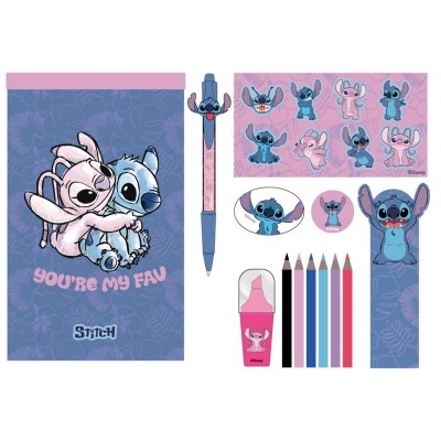 Conjunto de material de escrita e desenho da personagem Stitch com caderno, caneta, régua, lápis de cor, apontador e autocolantes