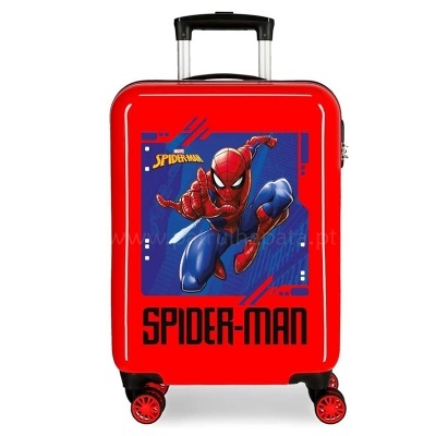 Mala rígida vermelha com imagem do Spider-Man e texto