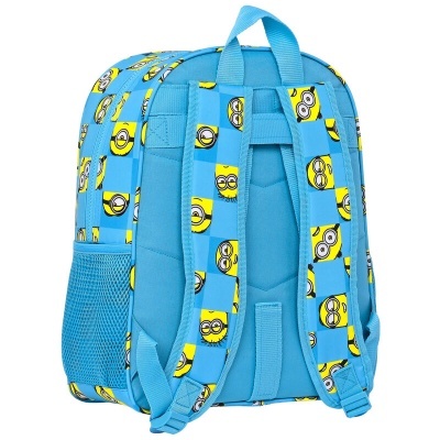 Mochila azul claro com estampado de Minions amarelos e alças acolchoadas