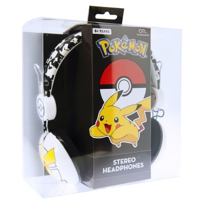 Auriculares Pokémon com design preto e branco e embalagem plástica transparente