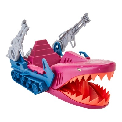 Brinquedo de plástico em forma de jacaré cor-de-rosa e azul com lança-mísseis.