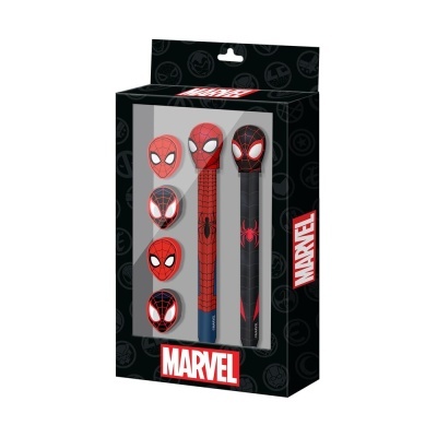 Conjunto de duas canetas e cinco tampas com tema do Homem-Aranha da Marvel em caixa preta