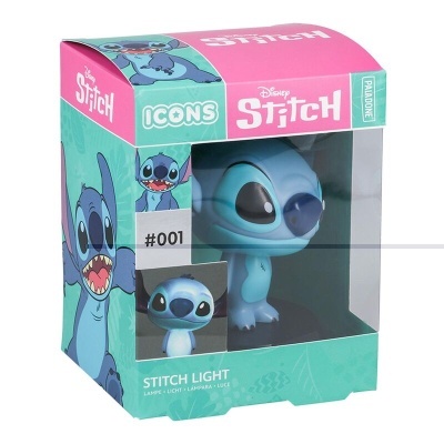 Figura colecionável Stitch azul em caixa verde e rosa com textos e número