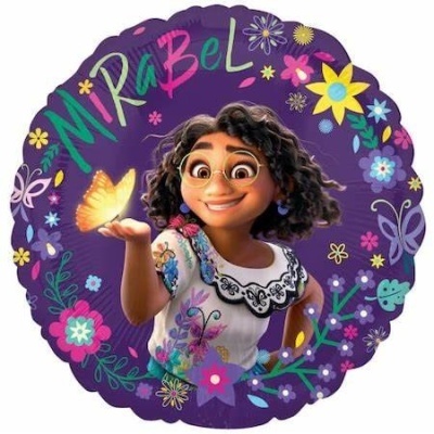 Balão circular com personagem animada Mirabel em fundo roxo e flores coloridas
