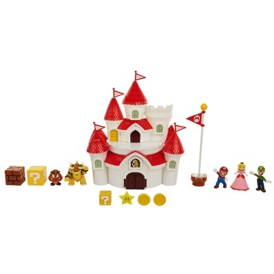 Conjunto de brinquedo castelo Super Mario com figuras e acessórios coloridos.