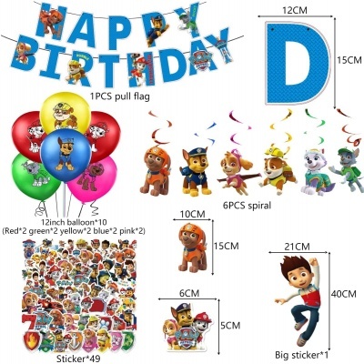 Conjunto de decoração de aniversário com letras azuis, balões coloridos, espirais e autocolantes de personagens de desenho animado