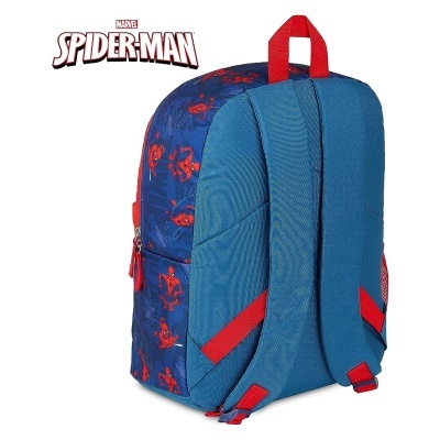 Mochila azul com estampas vermelhas do Homem-Aranha e alças vermelhas