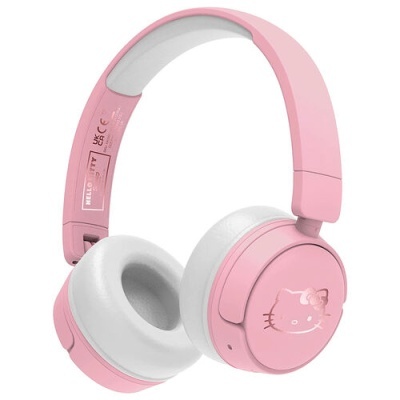 Auriculares rosa e branco com imagem Hello Kitty