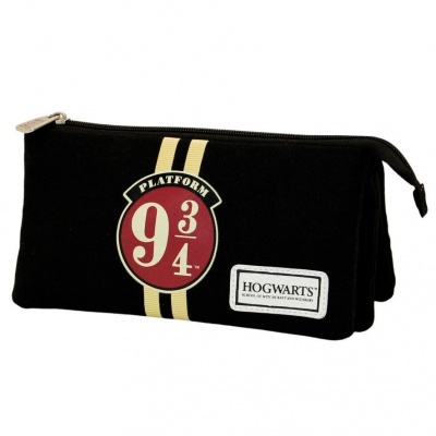 Estojo preto com símbolo 9 3/4 e etiqueta de Hogwarts