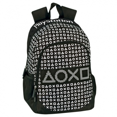 Mochila preta com padrão branco de símbolos PlayStation e texto na parte superior