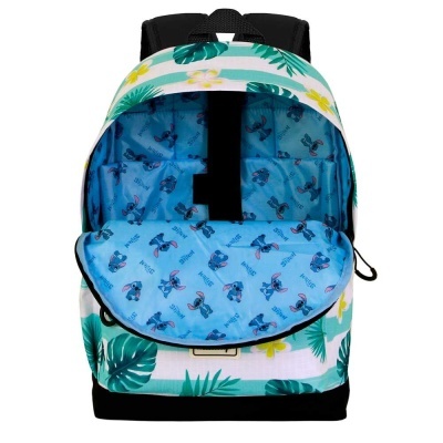 Mochila com padrão floral exterior e interior azul com personagens Stitch
