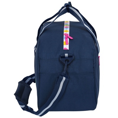 Mala de transporte azul escura com alça e detalhe colorido