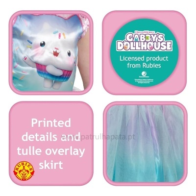 Detalhes de produto com personagem animado, texto sobre licença e saia de tule colorido