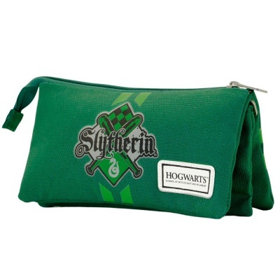 Estojo escolar verde com logos de Slytherin e Hogwarts