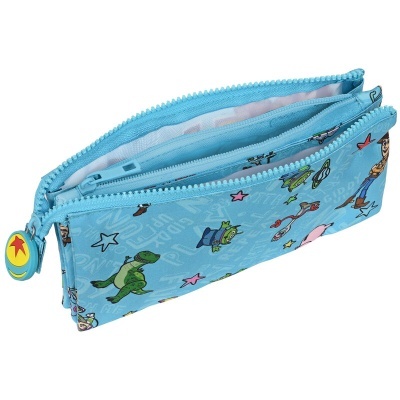 Estojo escolar azul com personagens de desenho animado e dois fechos de correr.