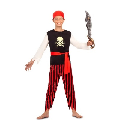 Fato de pirata para criança com colete preto, calças às riscas vermelhas e pretas, faixa e lenço vermelhos, segurando espada.