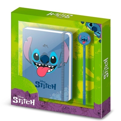Conjunto Disney Stitch com caderno azul e caneta azul em caixa verde e roxa