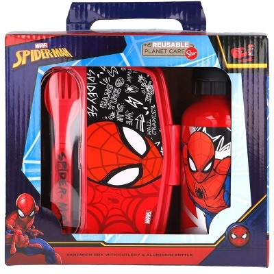 Conjunto Spider-Man com caixa para sanduíches, garrafa de alumínio e talheres embalados numa caixa azul.