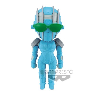 Figura colecionável azul com óculos verdes e detalhes cinzentos