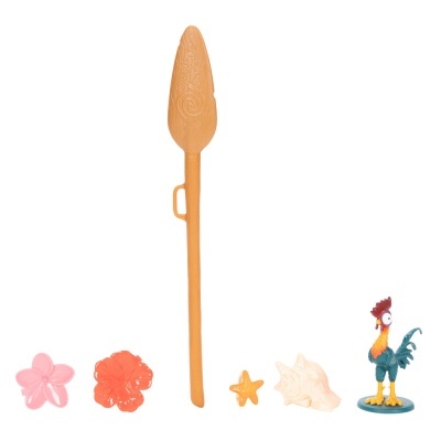 Utensílio de cozinha laranja com padrões e pequenos itens decorativos coloridos incluindo flores, estrela do mar, concha e galo