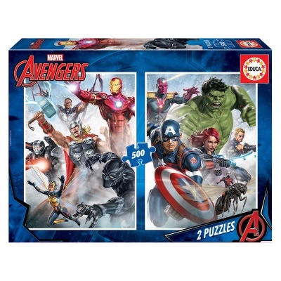 Caixa de puzzles Marvel Avengers com personagens dos Vingadores em cores vibrantes