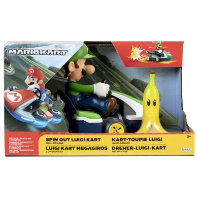 Brinquedo Spin Out Luigi Kart com banana em embalagem com texto multilíngue