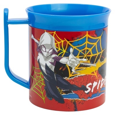 Caneca de plástico azul com imagem do personagem Spider-Gwen e teias de aranha