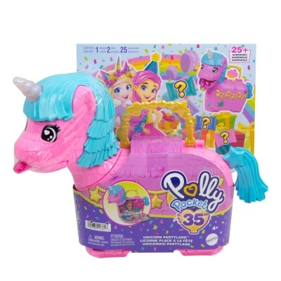 Brinquedo Polly Pocket em forma de unicórnio rosa e azul com caixa colorida